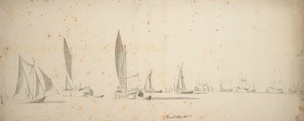 Huzatos csónak, wijdschips és waterschips enyhe szélben, 1664 körül (grafit, szürke mosás)