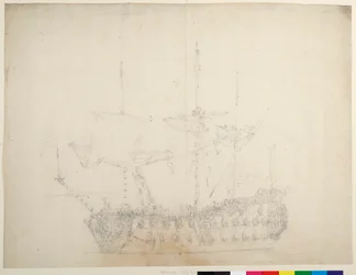 Egy 60 ágyús angol harmadosztályú hajó a baloldali hajóorr felől nézve, 1673 körül (offset)