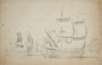 Egy angol kétfedelű hajó könnyű vitorlák alatt, 1675 körül (ceruza, mosás)