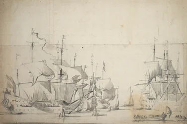 Vitorlákat szárító holland harci hajók, 1658 körül (grafit, szürke mosás)