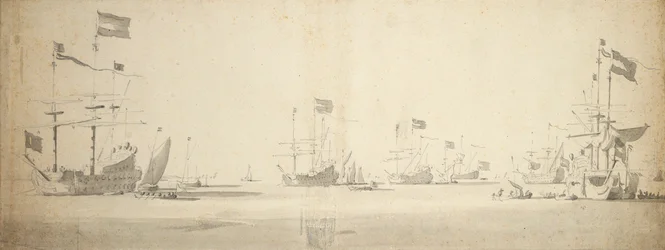 Horgonyzó holland zászlóshajók hajókkal a parton, 1664 körül (grafit, szürke mosás)