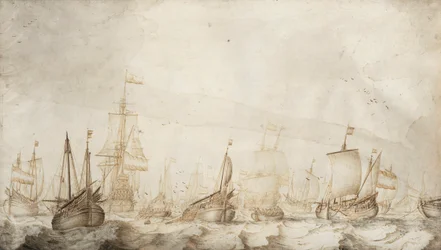 Holland heringhalászhajók az Északi-tengeren. William van de Velde az idősebb (1611-1693 körül) tinta- és tusrajza (27,4x47,6 cm), 1650 körül.