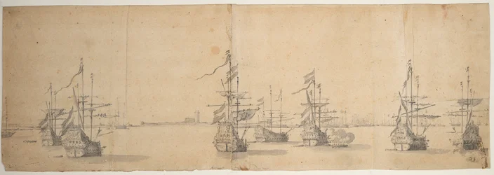Holland hajók horgonyoznak egy alacsony parton, 1658 körül (grafit, szürke mosás)