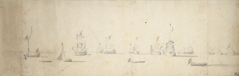 Holland hajók horgonyoznak a szárazföldön, 1664 körül (grafit, szürke mosás)