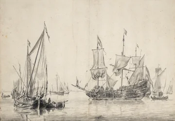 Vitorlások és egy vitorláit szárító holland fregatt. Rajz és tus (26x37 cm), William van de Velde l