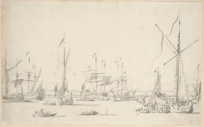 Jachtok és hajók horgonyon Sheerness közelében, 1677 körül (grafit, szürke mosás)
