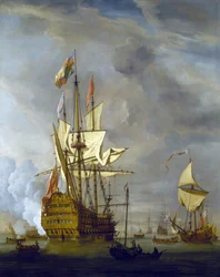 A HMS "Royal Sovereign" ágyúval üdvözli a kikötőt, egy királyi jacht kíséretében, szélcsendes időben. Olaj, vászon