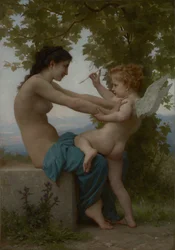 Egy fiatal lány, aki megvédi magát Erosszal, 1880 körül (olaj, vászon)