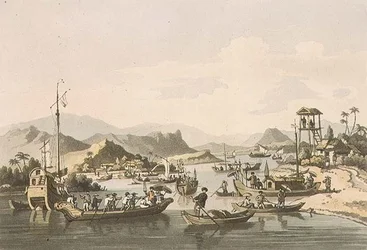 Cochin-kínai hajózás a Taifo folyón, John Barrow (1764-1848) „A Voyage to Cochinchina” 15. táblája, Thomas Medland (1755-1823) metszete, 1806 (akvatinta)