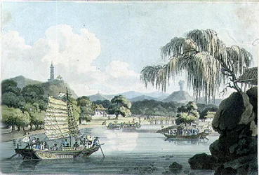 Kilátás a Gehol-i Imperial Park keleti oldalán, 4. tábla John Barrow „Utazások Kínában” című művéből, Thomas Medland (1755-1823) metszetében, 1804 (akvatinta)