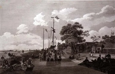 Kilátás a Pao-Yng-tóra, ahol azt egy földtöltés választja el a Grand Canaltól, Vilmos (1747-1810) és Elizabeth Ellis metszet, kocsma. írta: G. Nicol