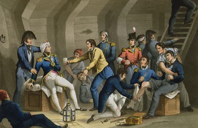 A sebesültszoba, a nílusi csata, a csatában megsebesült Nelsont ábrázolva, Matthew Dubourg (fl.1813-20) metszete, a „Történelmi, katonai és haditengerészeti anekdoták” című műből, kiadta Edward Orme (1774-c.1820), 1817