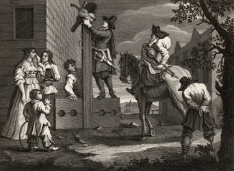 Hudibras leading Crowdero in Triumph, Samuel Butler (1612-80) "Hudibras" című művéből, metszette J. Romney, William Hogarth "The Works of William Hogarth" című, 1833-ban megjelent kötetéből (litográfia).