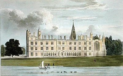 Burghley House, Ackermann "Repository of Arts" című, 1826 körül kiadott kiadványából (színes litográfia)