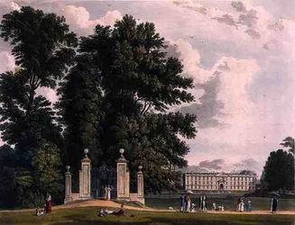 Az Avenue bejárata a Cambridge-i Clare Hall Piece-ből (a királyok új épülete), a „Cambridge története” felől, Joseph Constantine Stadler (fl.1780-1812) metszete, pub. R. Ackermann