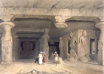 A Bombay melletti Elephanta Nagy Barlangtemplom belseje 1803-ban, a „India táj, jelmezek és építészet” II. kötetéből, J. Baily metszetében, pub. Smith, Elder and Company
