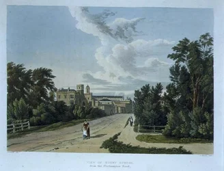 A Rugby School látképe a Northampton Road felől, a "History of Rugby School" című részből, a "History of the Colleges" részéből, Daniel Havell (1785-1826) metszete, kiadó: R. Ackermann.