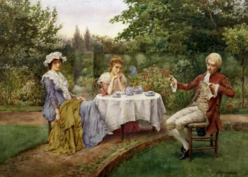 Olvasás a kertben. Olvasás a kertben. Egy férfi verset olvas két nőnek, akik árulkodóan ülnek egy tea körül. William A. Breakspeare (1855 6-1914 brit) festménye Magántulajdon.