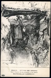 Első világháború – 14–18. háború (1914–1918) – I. világháború (WW vagy WW1): Franciaország, Hazafias térkép, amelyen egy lövészárokban lévő katona rajza látható, aki a frontvonalat figyeli, címe: „hallgat”