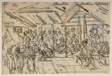 184 „Színház. Cochin Kína,  , egy albumból, amely 372 tájat, tengerpartot, jelmezeket és mindennapi életet ábrázoló rajzot tartalmaz Lord Macartney kínai császári nagykövetsége idején, 1792 és 1794 között (ceruza és akvarell papíron)