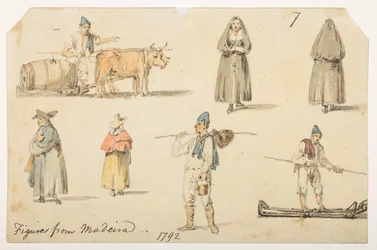 7’ Madiera figurái. 1792.”  egy albumból, amely 372 tájat, tengerpartot, jelmezeket és mindennapi életet ábrázoló rajzot tartalmaz Lord Macartney kínai császári nagykövetsége idején, 1792 és 1794 között (ceruza és akvarell papíron)