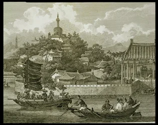 Kilátás a császári palota kertjére, Peking, részlet, vésette Samuel Smith, kocsma. G. Nicol, 1796