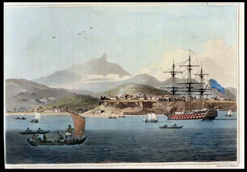 Porto Praya St. Jago szigetén, 4. tábla John Barrow (1764-1848) „A Voyage to Cochinchina” című könyvéből, Thomas Medland (1755-1823) metszete, 1806