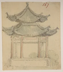 f.63 167 Templom.  , egy albumból, amely 372 tájat, tengerpartot, jelmezeket és mindennapi életet ábrázoló rajzot tartalmaz Lord Macartney kínai császári nagykövetsége idején, 1792 és 1794 között (ceruza és akvarell papíron)