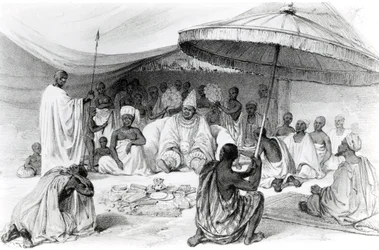 Az Attah a „Picturesque views on the River Niger, Lander legutóbbi, 1832-33-as látogatása során felvázolt” című kötetből, Charles Haghe litográfiája, 1840