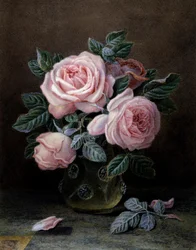 Rózsaszín rózsák üvegvázában. William Hough (1850-1900 körül) festménye Magángyűjtemény.