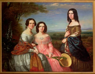 Három lány csoportos portréja, háromnegyed hosszú, tájban, 1849