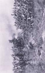 A 28. Gloucester Ezred francia lovasságot fogadott Waterlooban 1815. június 18-án, illusztráció a brit szárazföldi és tengeri csatákból, 1915