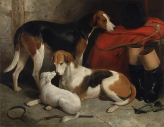 Lord Henry Bentinck rókakutyáinak párja terrierrel, 1845 körül (olaj, vászon)
