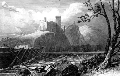 Beaucaire kastélya és egy csónakhíd a Rhone-on, Franciaország, 1824.