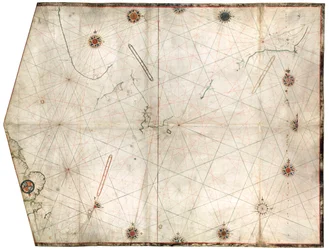 William Borough által készített portulán térkép, amely az Északi-tenger és a Balti-tenger tengeri területét mutatja Anglia keleti partjaitól a Svéd-öböl fejéig, 1580 körül (pergamen).