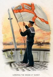 A zászlós leeresztése naplementekor, c1890-c1893.