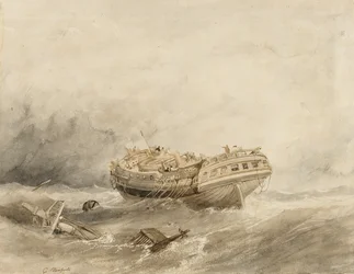 Egy kereskedelmi hajó kisiklik a vihart követő szélcsendben. Clarkson Stanfield (1793-1867) akvarellje (34,4x44,5 cm).