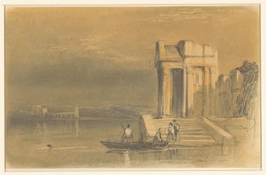 Templomromok egy tavon egy olasz tájon