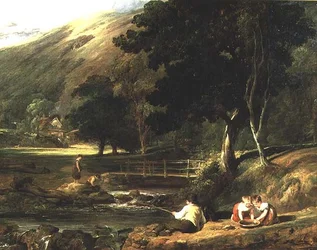 Borrowdale, Cumberland, gyerekekkel játszanak a patak mellett