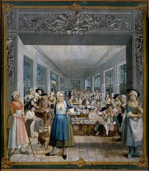 Wetter Brothers indiai szövetgyár: Joseph Gabriel Rossetti munkásműhelyi festménye (XVIII. század). 1764 Orange, Musee Municipal – Wetter testvéreinek indiai szövetének gyártása: a női munkásműhely. Joseph Gabriel Ross festménye