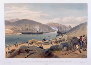 Balaklava, amely a rakpartok állapotát és a hajózást mutatja be 1855 májusában