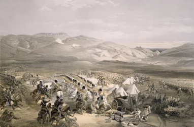 A nehézlovassági dandár rohamai a balaklavai csatában 1854. október 25-én, metszet: E. Walker, pub. 1855