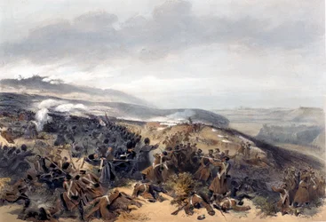 A gárda második vádja, amikor visszaszerezték a két ágyútüteget az inkermani csatában, amelyet Edmond Morin (1824-82) metszett a The Seat of War Keleten - Első sorozatból, kiadó: Colnaghi und