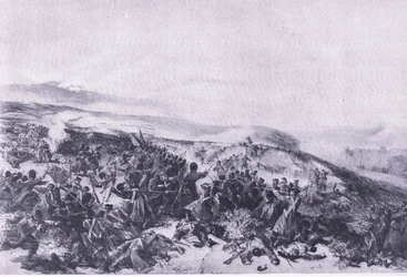 A gárda második rohama, amikor visszafoglalták a két lövegüteget az inkermani csatában, illusztráció a brit szárazföldi és tengeri csatákból, 1915
