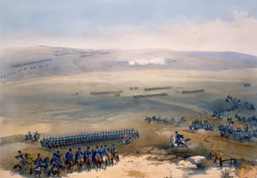 A bulganaki magaslatok lovassági ütközete: az első lövés, tábla a The Seat of War in the East című kiadványból, kiadta Paul and Dominic Colnaghi and Co., 1856