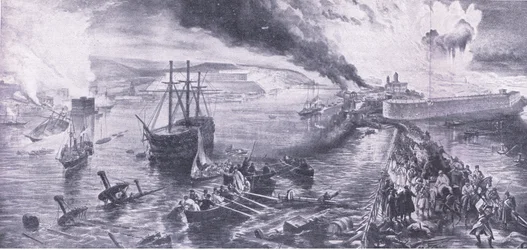 Szevasztopol eleste és az oroszok visszavonulása, 1855. szeptember 8., illusztráció a brit szárazföldi és tengeri csatákból, 1915