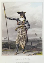 Jáva-szigeteki férfi harci öltözetben, 5. tábla Thomas Stamford Raffles (1781-1826) „The History of Java” című művének I. kötetéből, 1817-ben kiadva