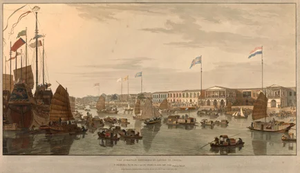 Európai kereskedelmi állomások (Kelet-indiai Társaságok) a kínai Kantonban. Rajzolta és metszette: William Daniell (1769-1837) 1805