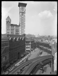 Nagy látószögű kép a Flatbush Avenue és a Fulton Street kereszteződéséről, Brooklyn, New York, 1914. szeptember 5.