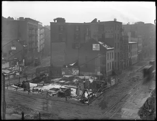 Nagy látószögű nézet a Downing Street, a West Houston Street és a Varick Street kereszteződéséről, New York City, 1916. február 18.